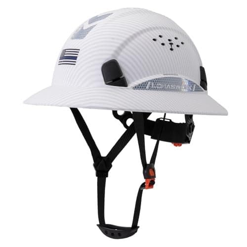 LOHASWORK Full Brim Hard Hat Construction OSHA Approved Vented Hard Hat Cascos De Construccion 6 Point Adjustable Ratchet Suspension Matte White Graphite Pattern