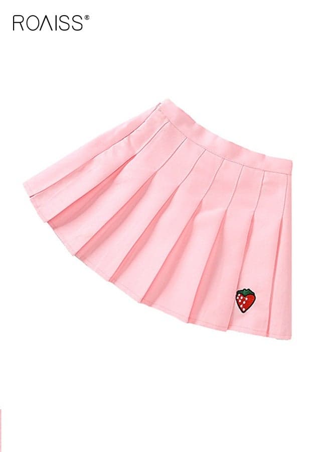Girls' Pleated Mini Skirt with Inner Safety Pants and Side Zipper, Lightweight Athletic Tennis Skorts, Strawberry embroidery Short Dress, Adorable Skater Skirts for Little Girls