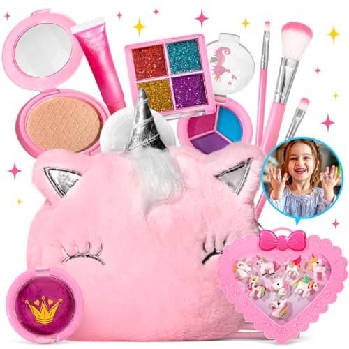 ULOVEME Kids Real Makeup Kit for Little Girls Real Non Toxic Washable Make Up Toy Umicorn Toys Gift for 3 4 5 6 7 8 9 10 12 Years Old Girls Birthday Pink Unicorm Rings