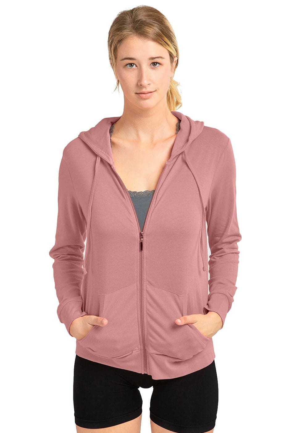 Sofra Women's Thin Cotton Zip Up Hoodie Jacket (L, Mv. Rose)