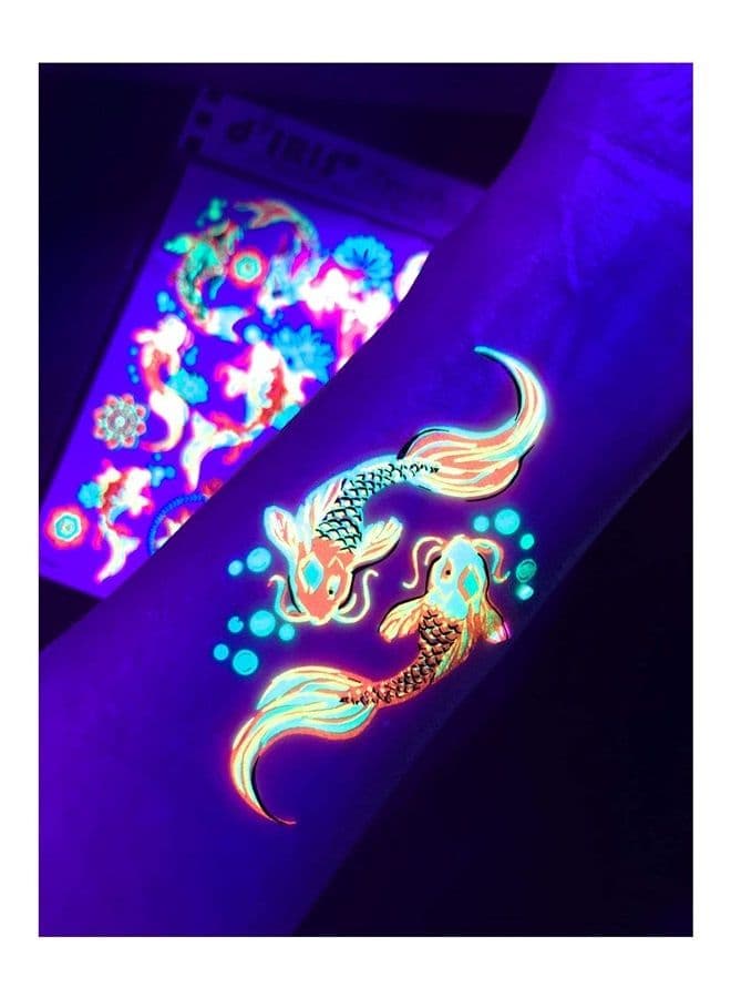 Blacklight Temporary Tattoos – 1 Sheet Koi Fish Design Body Art | Festival Accessories Glow Party Supplies | 7.2” x 5.2” UV Reactive Temp Tattoos Great for EDM EDC Party Rave Parties