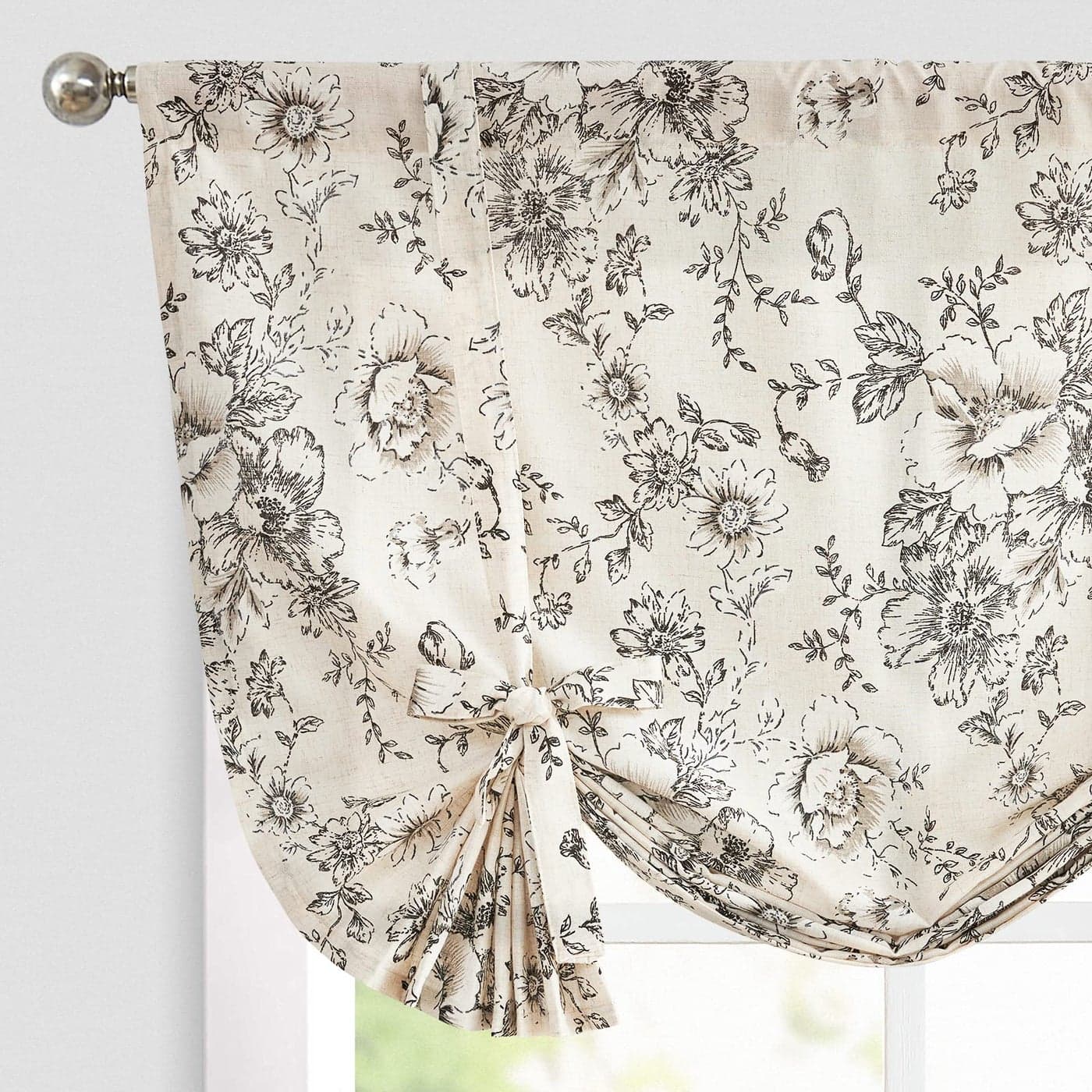 jinchan Tie Up Valance Floral Linen for Windows Farmhouse Valance 45 Inch Peonies Botanical Short Window Treatment Adjustable for Kitchen Living Room Light Filtering 1 Panel Black on Beige