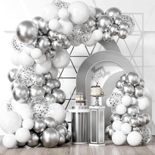White Silver Balloon Garland Kit - 104 Piece with Confetti Balloons for Wedding Birthday Graduation Prom Party Decorations & Arch (White Silver)