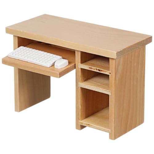 Garneck Dollhouse Miniature Office Computer Desk Table with Mouse and Keyboard 112 Scale Small Writing Desk Wood Miniature Fairy Garden House Furniture Decoration