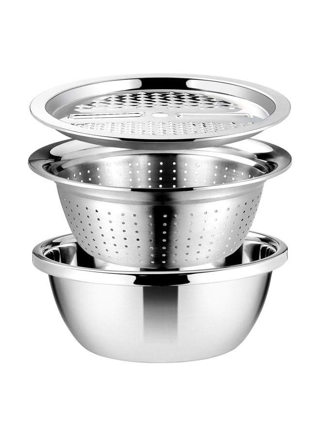 Graters for Kitchen Handheld Stainless Steel Drain Basket Vegetable Cutter 3 In 1 Kitchen Multipurpose Grater Salad Bowl For Home (Silver) Colanders & Food Strainers