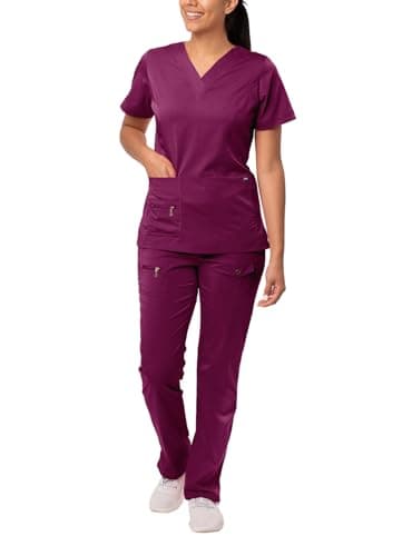 Adar Uniforms, Pro Breakthrough Plus Scrub Set For Women - Enhanced V-Neck Top & Multi Pocket Pants - 4400 - Wine - M