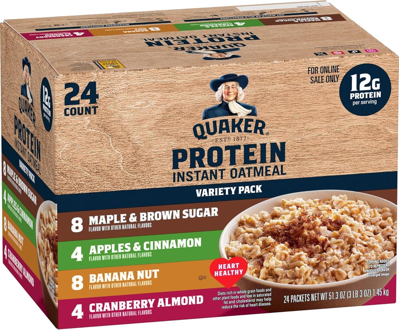 Quaker Instant Oatmeal Protein Variety Pack - 24 Individual Packets with 4 Delicious Flavors