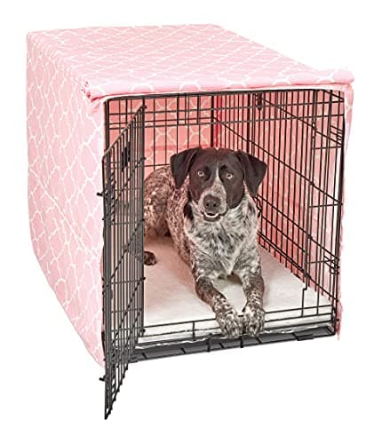 MidWest Homes for Pets Intermediate Dog Crate Cover Featuring Teflon Fabric Protector, Poly-Cotton Privacy Kennel Cover Fits Most 36-Inch Crates, Pink Designer Print, Machine Washable, Reduces Barking