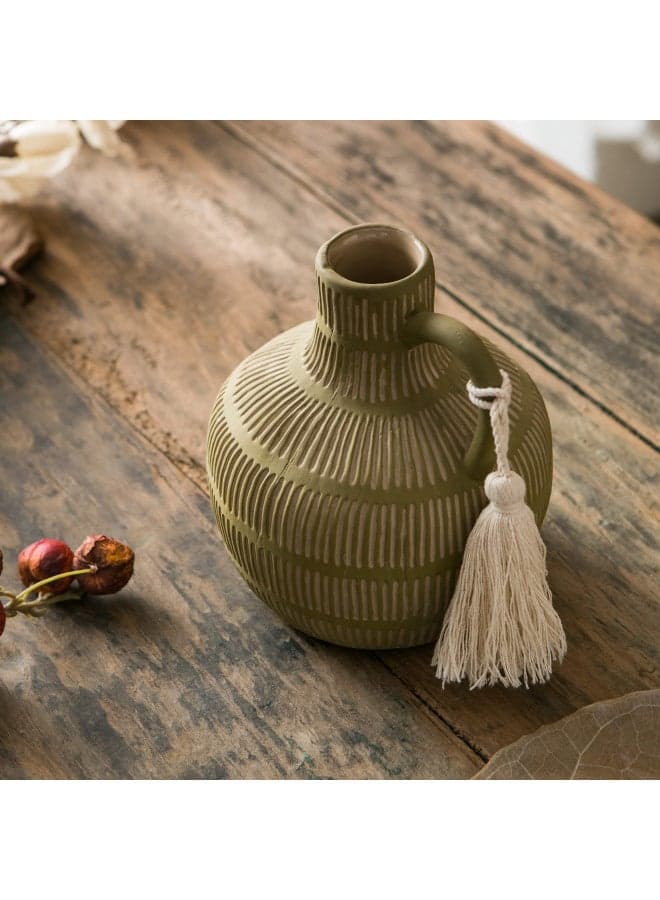 Mowtanco Farmhouse Ceramic Vase for Home Decor, Rustic Decorative Vases for Flowers, Terracotta Vase with Tassel Design, Clay Vase for Living Room Decoration, Shelf, Table, Bookshelf, Mantle, Entryway