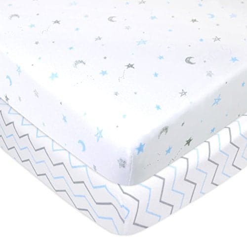 American Baby Company 2 Pack 100 Natural Cotton Fitted Pack and Play Sheets 39 x 27 Soft Breathable Pack N Play Sheets for Playard Mini Crib Mattress Blue StarsZigzag for Boys Girls