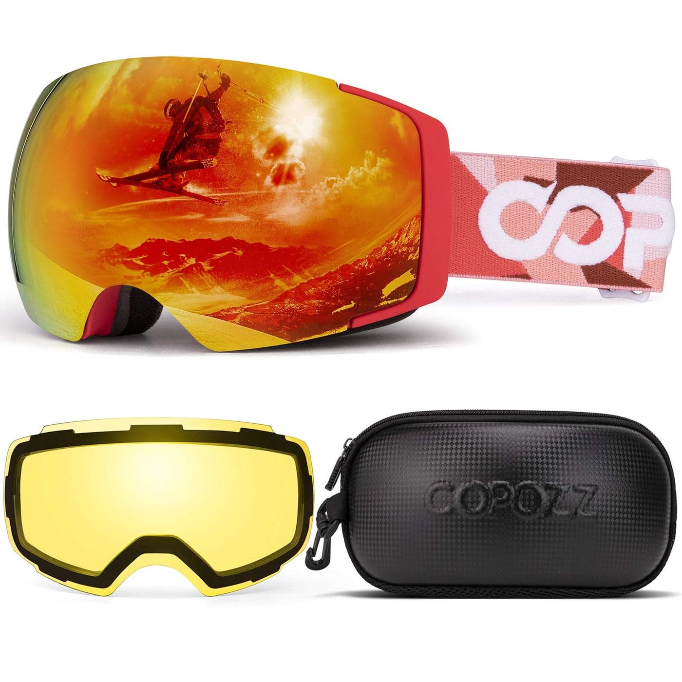 COPOZZ Polarized Ski Goggles Set M1 Magnetic Snowboard OTG UV400 Skiing Goggles Red Lens Red Frame VLT161