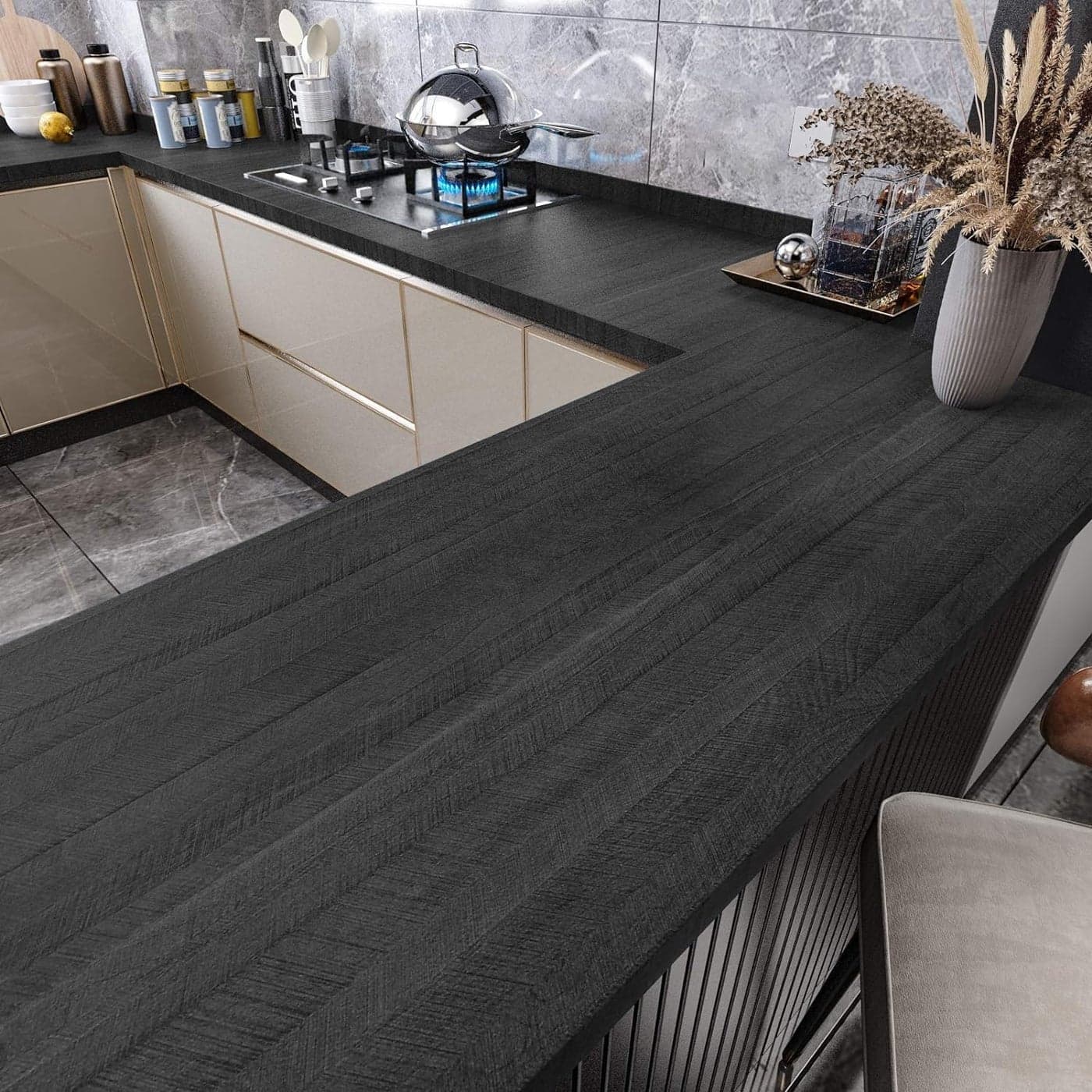 WESTICK Wood Contact Paper Peel and Stick Countertops Waterproof Black Wood Look Contact Paper for Cabinets Drawers Removable Table Dark Wooden Wallpaper Peel and Stick Vinyl Countertop 12 x 78