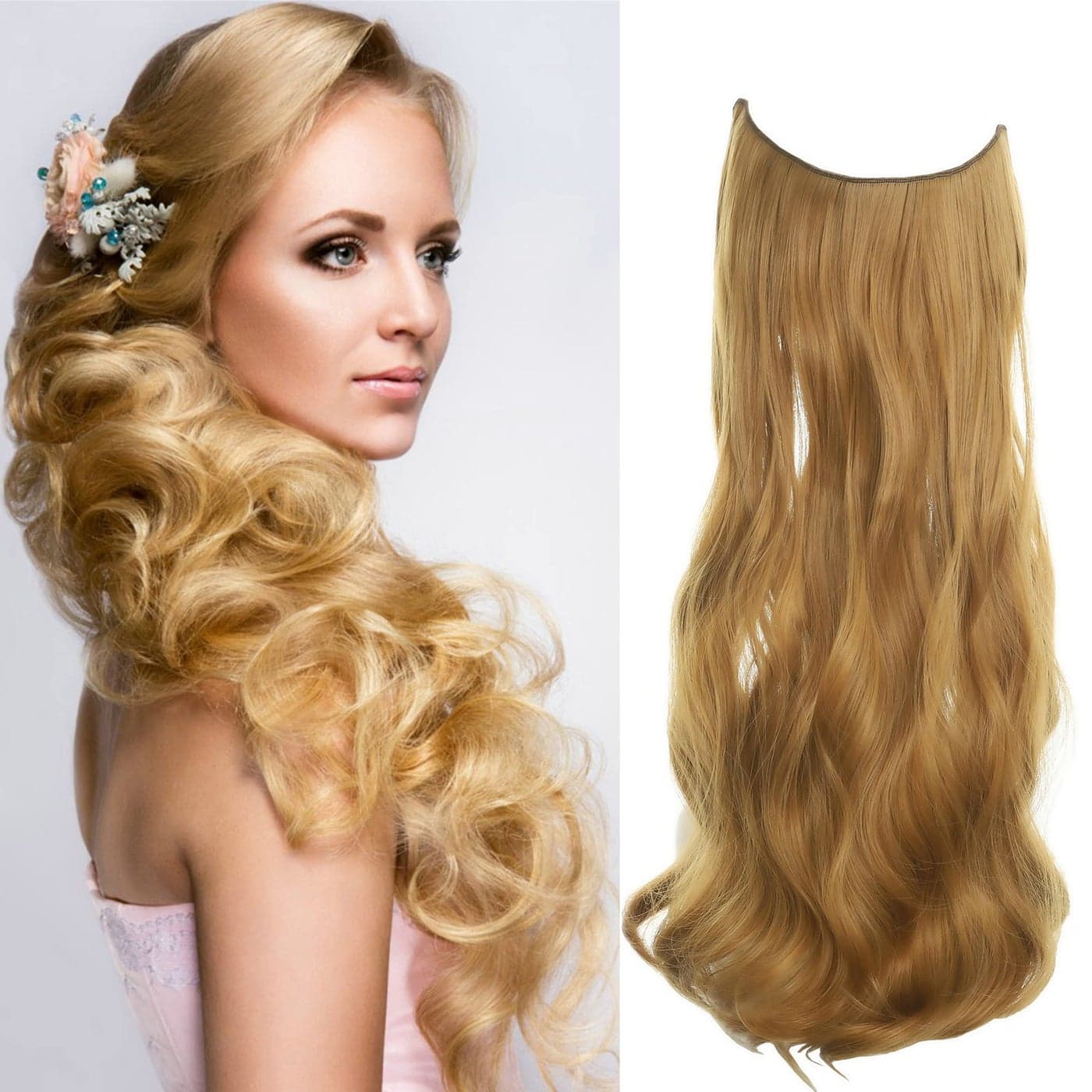 LECIPO Invisible Wire Hair Extensions Transparent Wire Adjustable Size 4 Secure Clips Long Wavy Curly Secret Hairpiece 24 Inch for Women