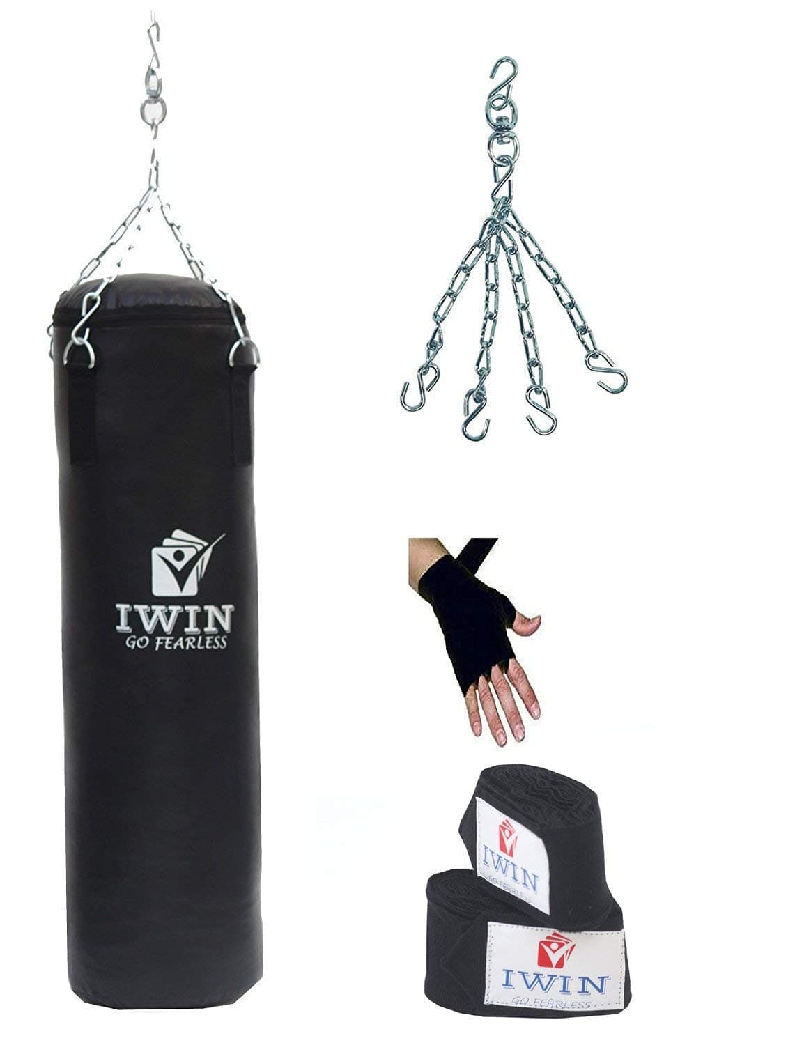 IWIN Punchcombokit Synthetic Leather Unfilled Punching Bag with Hand Wrap and Chain Combo Kit, 60 inch (Black)