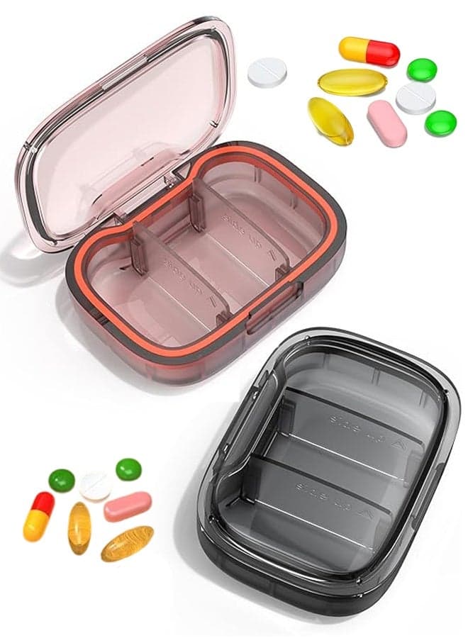 2 Pack 3 Compartment Small Pill Box, Moisture Proof Pill Case, Travel Pill Organizer for Pocket Purse, Daily Portable Medicine Vitamin Box, Fish Oil Box, Supplement Box