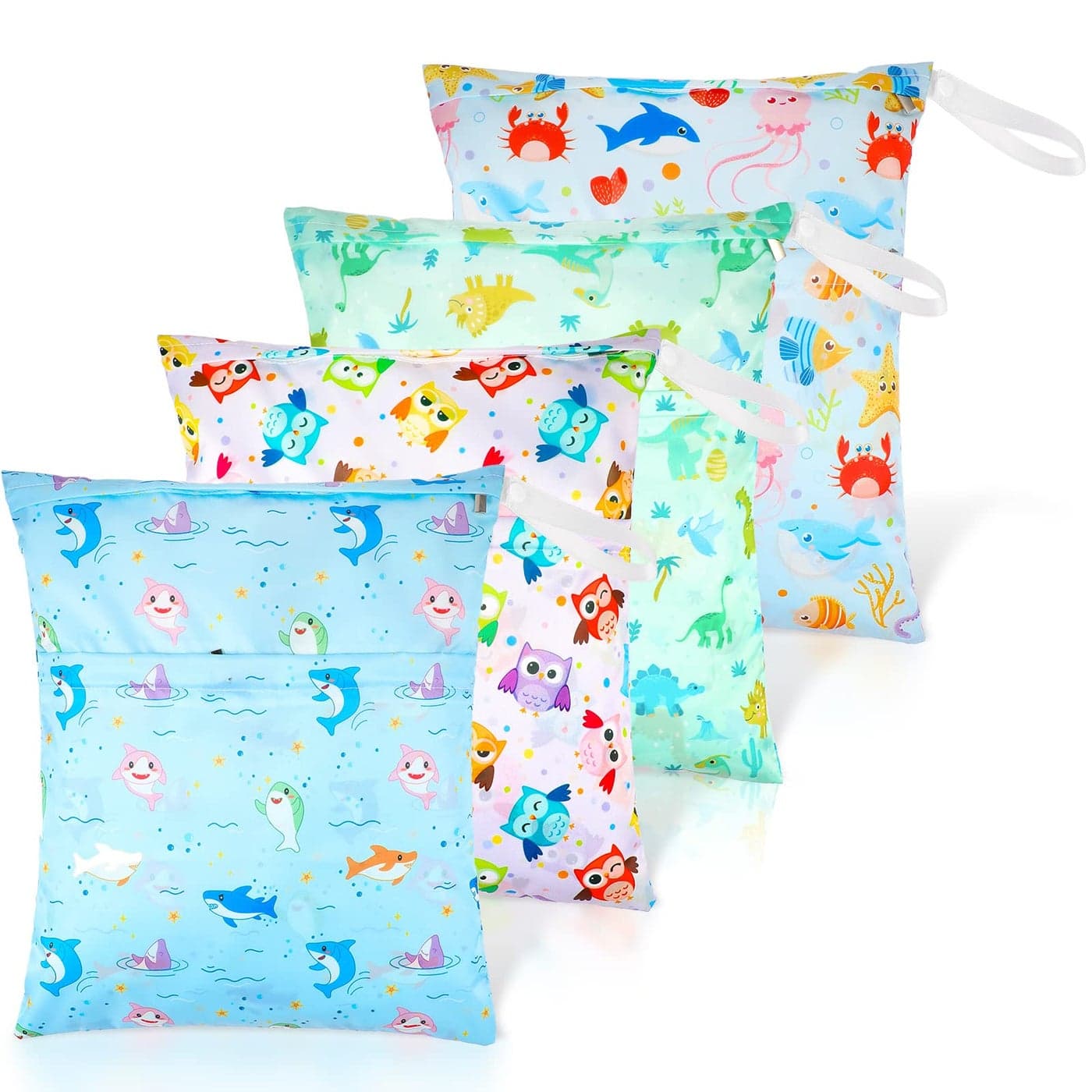 Frienda 4 Pieces Wet Dry Bag for Baby Waterproof Reusable Washable Diaper Bag Sealed with Handle for Travel Beach Swimsuit Diapers Dirty Gym Clothes and Toiletries Animal