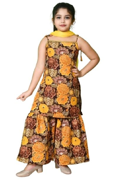 SPAMitude - Girls' Floral Printed Kurta Sharara Set | Ethnic Dress with Dupatta | Festive Traditional Outfit Boat Neck Fashion Sleeves (in, Age, 13 Years, 14 Years, Yellow)