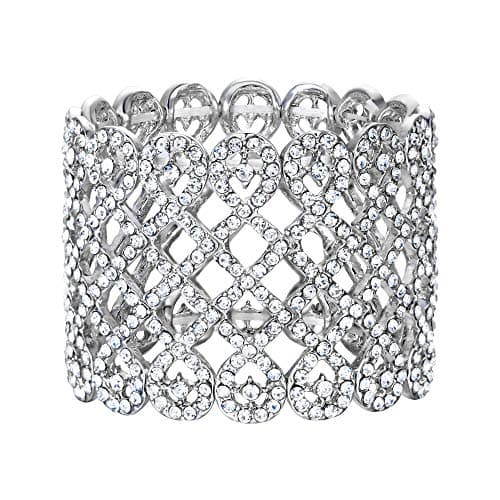 EVER FAITH Art Deco Love Knot Wide Stretch Bridal Bracelet Clear Austrian Crystal Silver-Tone