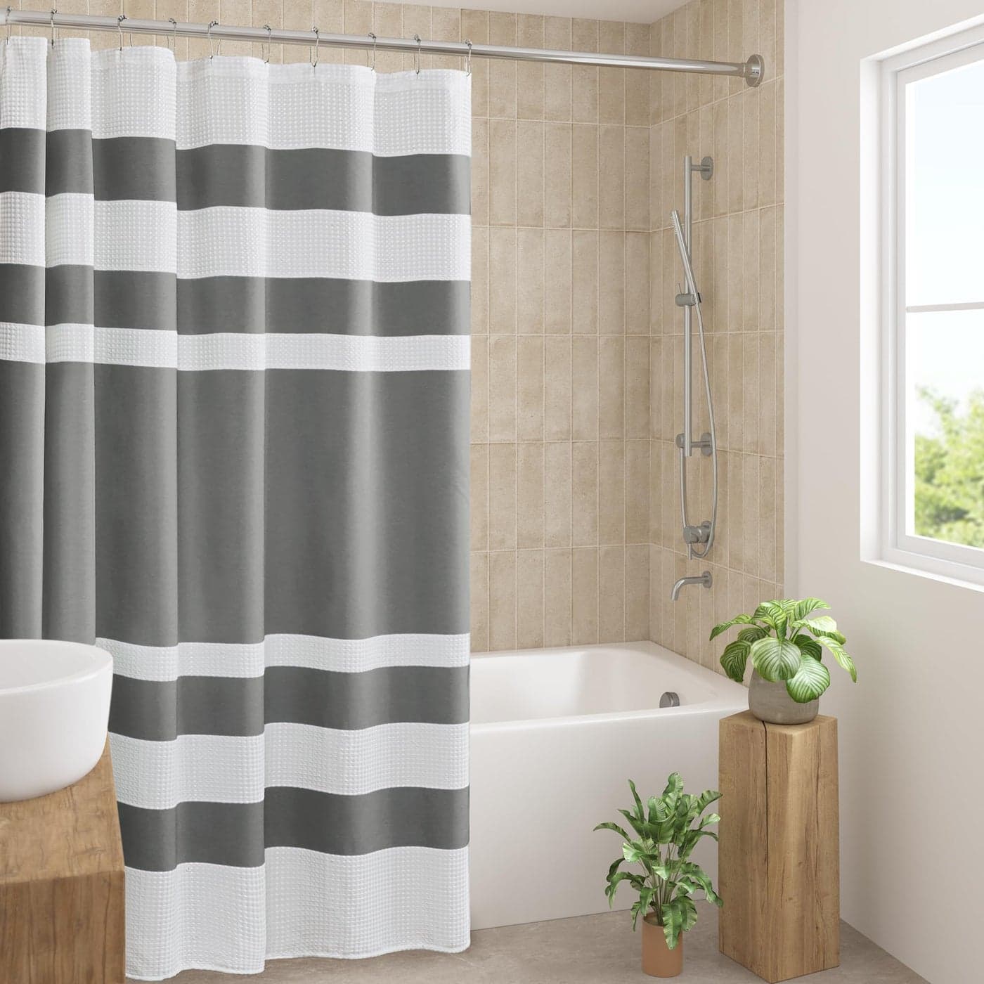 Madison Park Spa Waffle Shower Curtain Pieced Fabric with 3M Scotchgard Moisture Management Premium Spa Quality Modern Shower Curtains for Bathroom Standard 72x72 Charcoal