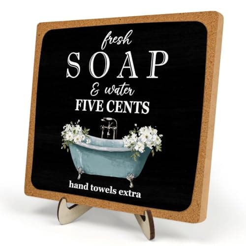 Bathroom Wood Plaque Sign Decor, Funny Wooden Desk Plaque with Fresh Soap Five Cents Desk Sign, Rustic Farmhouse Shelf Sign for Bathroom Toilet Home Decoration, 5.9x5.9 Inch (black-2)