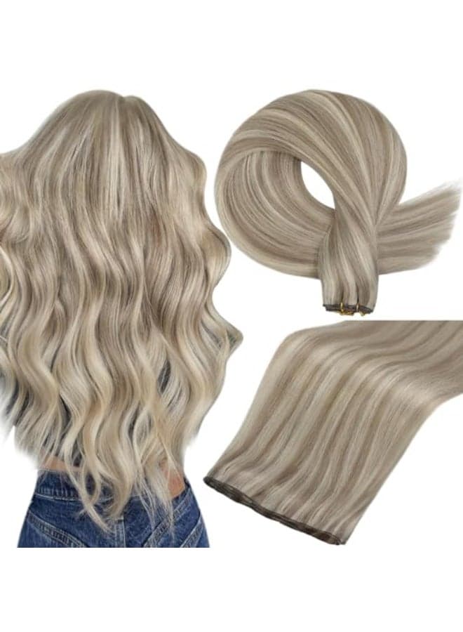 Full Shine Genius Weft Hair Extension Remy Hair Weft Extensions For Women Color Ash Blonde Highlight Bleach Blonde Hand Tied Weft Human Hair Extensions 16 Inch 50G Human Hair