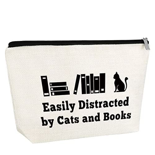 Cat Lover Gifts Book Lover Gift for Women Makeup Bag Cat Mom Gift Cat Bookworm Themed Cosmetic Bag Birthday Gift for Girls Library Worker Gift Valentines Day Graduation Gift Travel Cosmetic Pouch