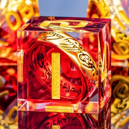 OUKELANWO Magic Lord Rings DND Dice Set with Box 7Pcs Resin LOTR DD Dice Set for Role Playing Game Red Gold Dungeons Dragons D and D Sharp Edge Dice D20 D12 D10 D8 D6 D4