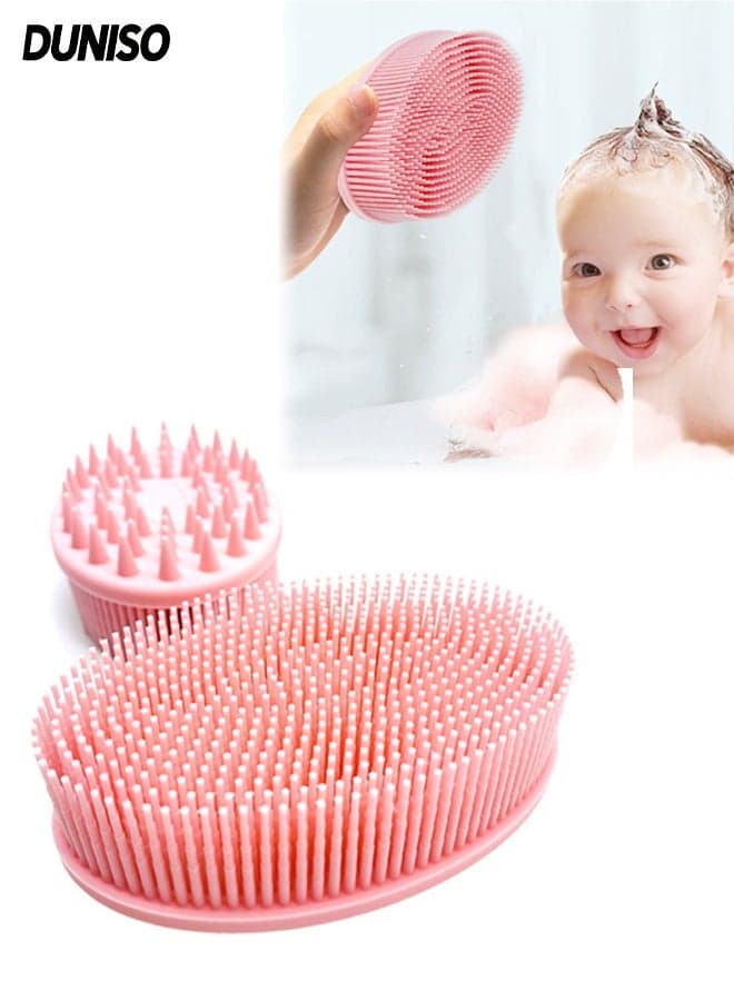 2 in 1 Silicone Brush,Bath and Shampoo Body Brush,Silicone Exfoliating Body Brush for Use in Shower,Easy to Clean,for Cleaning and Exfoliating the Body and Head Massage,Pink