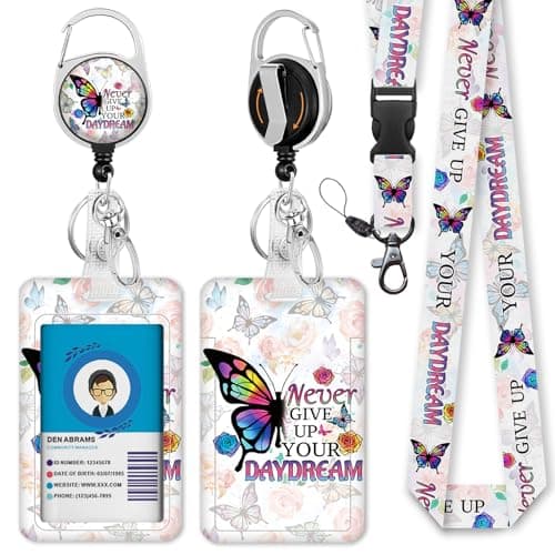 Butterfly Flower Lanyards for Id Badges, Cute ID Badge Holder with Retractable Lanyard, ID Holder with Badge Reel Clips, Inspirational Quote Keychain Name Tag ID Card Holder Teacher Women Office Gift