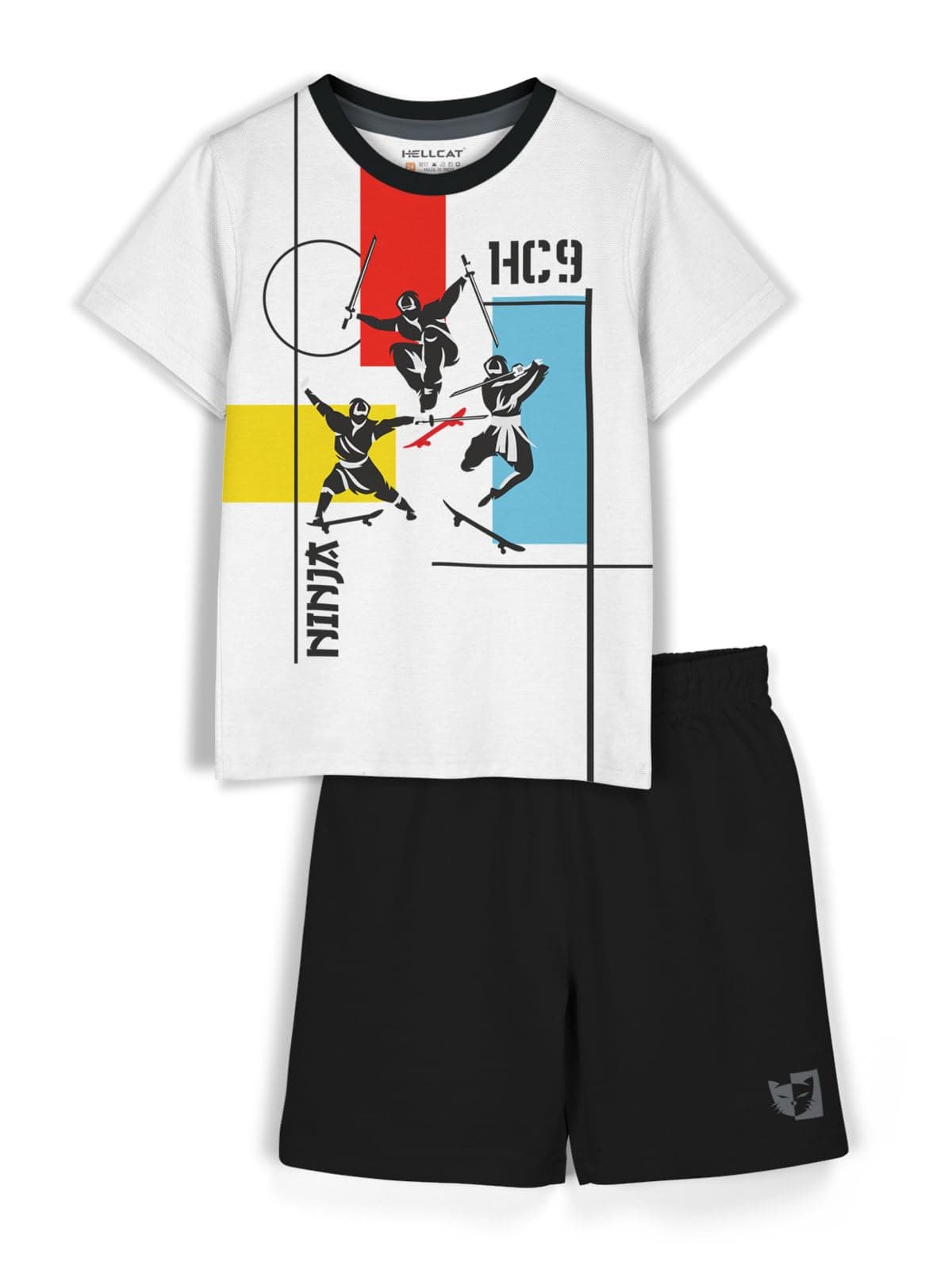 HELLCAT Cotton Blend Boys Dress Printed Clothing Set Combo with Tshirts & Shorts - Pack 1 White2 9-10 Years