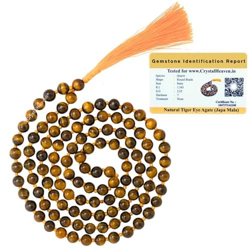 Crystal Heaven Unisex Certified Tiger Eye Agate Crystal Japa Mala Ganthi - 108 Beads Buddhist Prayer Beads - AAA Grade Original Healing Gemstone Agate For Yoga Meditation Spiritual Reiki Feng Shui