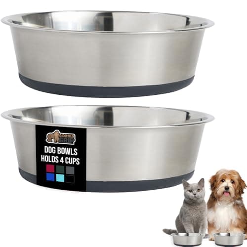 GORILLA GRIP Set of 2 Dog Bowls, Holds 4 Cups (32 fl oz), Heavy Duty Metal Food and Water Bowl for Feeding Dogs and Cats, Dishwasher Safe, Rust Resistant Stainless Steel, BPA Free Rubber Base, Gray
