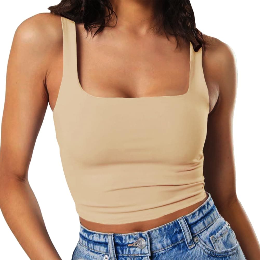 Artfish Women's Sleeveless Strappy Seamless Crop Tank Tops Square Neck Workout Fitness Basic Cropped Camis Beige Tan Khaki XS