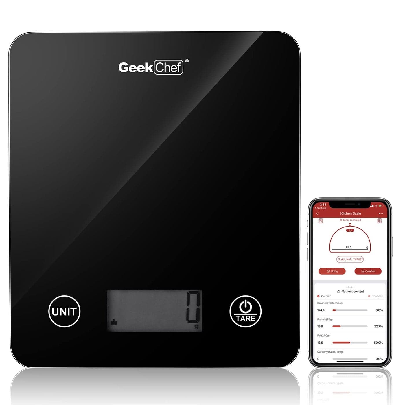 Geek Chef Digital Scale with App, Scale for Food Weight, Smart Food Nutrition Scale, Digital Kitchen Scales, Cooking Tool of Kitchen,1 lb/oz Black Glass
