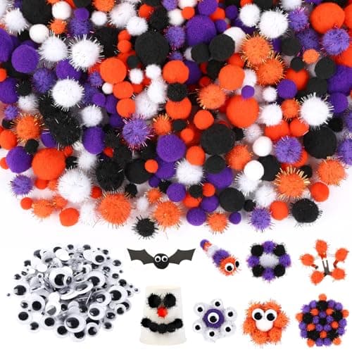 DTOFOOT 800PCS Halloween Pom Poms 4 Sizes Assorted Craft Pompom Balls Multi Color Fluffy Balls with Wiggle Eyes for Halloween Party Favors DIY Art Craft Decorations Supplies