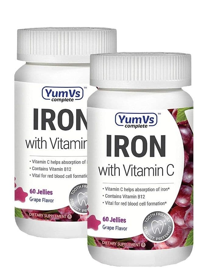 YUM-V's Complete Iron Jellies (Gummies) for Adults, Grape Flavor Chewables with Vitamin C; Daily Dietary Supplement for Men and Women, Kosher (60 Count, 2-Pack)