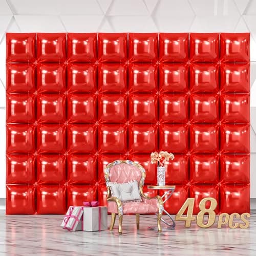 NISOCY 48PCS Red Square Foil Balloons Wall Backdrop Metallic Double Sided Red Christmas Balloon Tunnel Arch Kit for Birthday Baby Shower Valentines Day Party Decoration