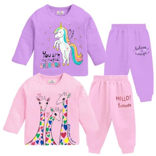 Kuchipoo Girl Regular Fit Cotton Printed T-Shirts and Pyjamas Set (KUC-PSUT-134, 2-3 Years, Multi-Colored)