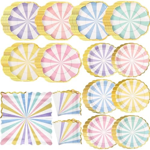 Skybooly 144 Pcs 48 Guests Pastel Striped Party Plates and Napkins Scalloped Pastel Carnival Paper Plates and Napkins Colored Disposable Tableware for Baby Bridal Shower Wedding Tea Party Supplies