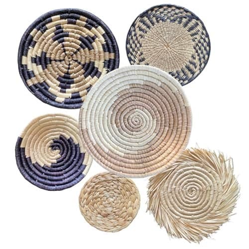 Laquedecraft Boho Round Handmade Wall Basket Decor | Woven Seagrass Rattan Wicker Wall Decor Hanging Rustic Flat Elegant Wall Art for Farmhouse Living Rooms Bedrooms Display Table Settings Kitchen Home (Bohemian, 6)