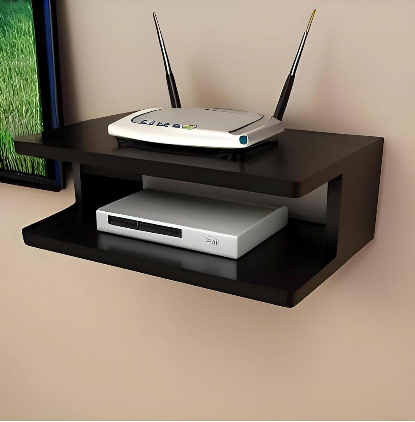 DDS Dream Decor Shoppee Multipurpose Set Top Box Holder Wall Shelf Beauty at its Best for WiFi Modem Display Rack Living Room Bedroom and Side Cutting Design (Z-Black, Engineered Wood)