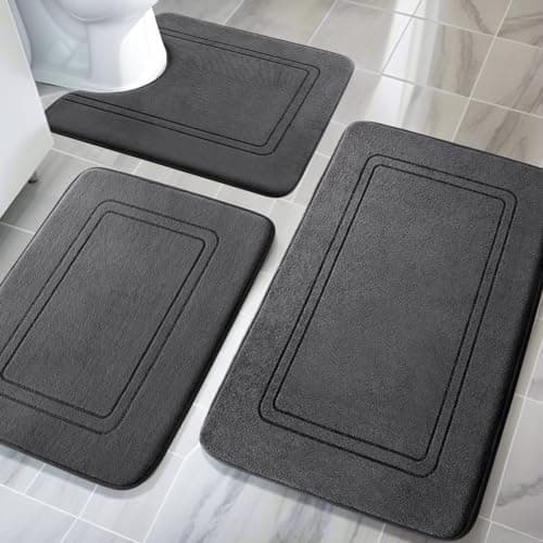 YIHOUSE Memory Foam Bath Mat Set Non Slip Bath Mats for Bathroom Super Soft and Water Absorbent Bath Rug Set Machine Washable U Shape Toilet Mats Dark Grey