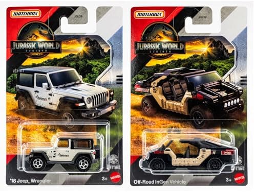 Jurassic World Rebirth Matchbox DieCast Vehicles White 18 Jeep Wrangler and OffRoad Ingen Vehicle 2Pack Ages 3 JGL59956A