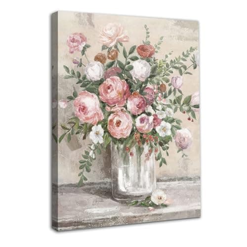 Dazzlewall Framed Vintage Flower Wall Art Decor Farmhouse Still Life Poster, Rustic Pink White Flower Vase Prints Botanical Oil Painting for Bathroom Bedroom Living Room 12x16 in
