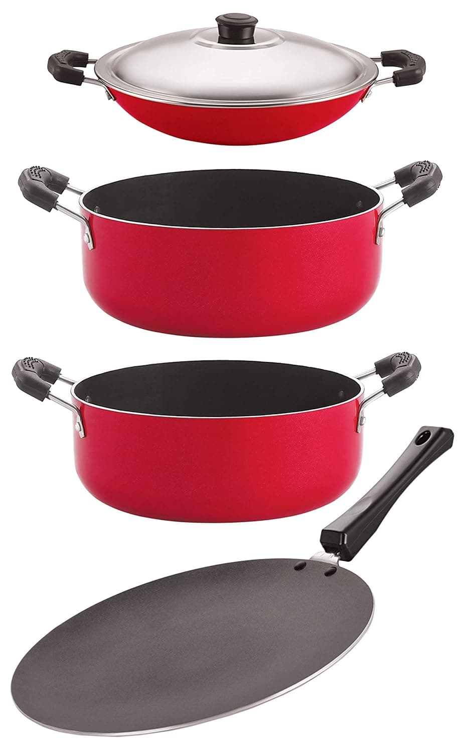Nirlon Three Layer Non-Stick Coated Chemical Free Healthy Kitchenware Utensil Gift Item 4 Pieces Set (Concave Tawa 28.5cm + Appa Chatti Steel Lid 1 LTR + Casserole 4.2 LTR + Casserole 3.1 LTR) (CT12_AC_CS26_CS24)