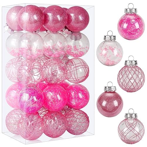 Pink Christmas Ball Ornaments, 30ct 2.36 Inch Shatterproof Clear Plastic Ornaments for Holiday Wedding Party Gift Decoration