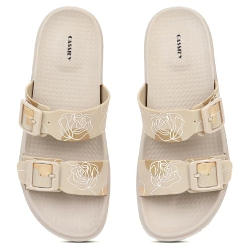 CASSIEY Women's Slip On Slide Slippers with Adjustable Strap #8883-10- Cream