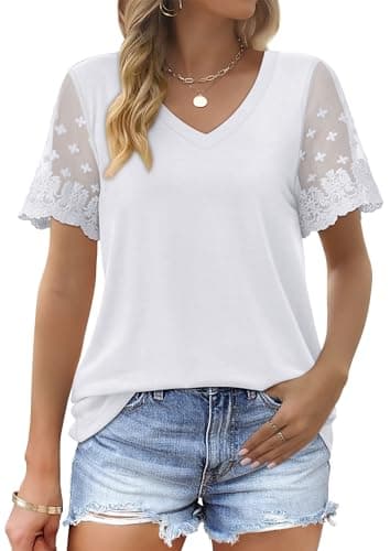 OFEEFAN White Shirts Womens Summer Boho Tops Short Sleeve V Neck Tees Loose Fitting Tops XL