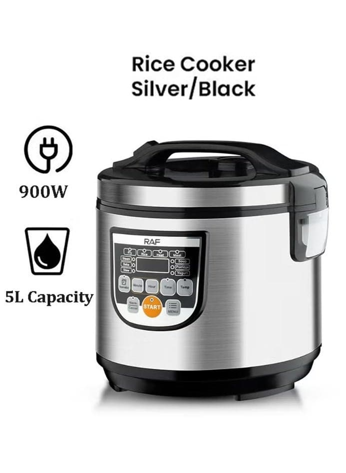Modern RAF Electric Rice Cooker 900W Featuring Multi-Cooking Options, Safe Locking Lid, Stainless Steel Exterior, Compact Packaging, User-Friendly Operation, and Complete Cooking Accessories Included