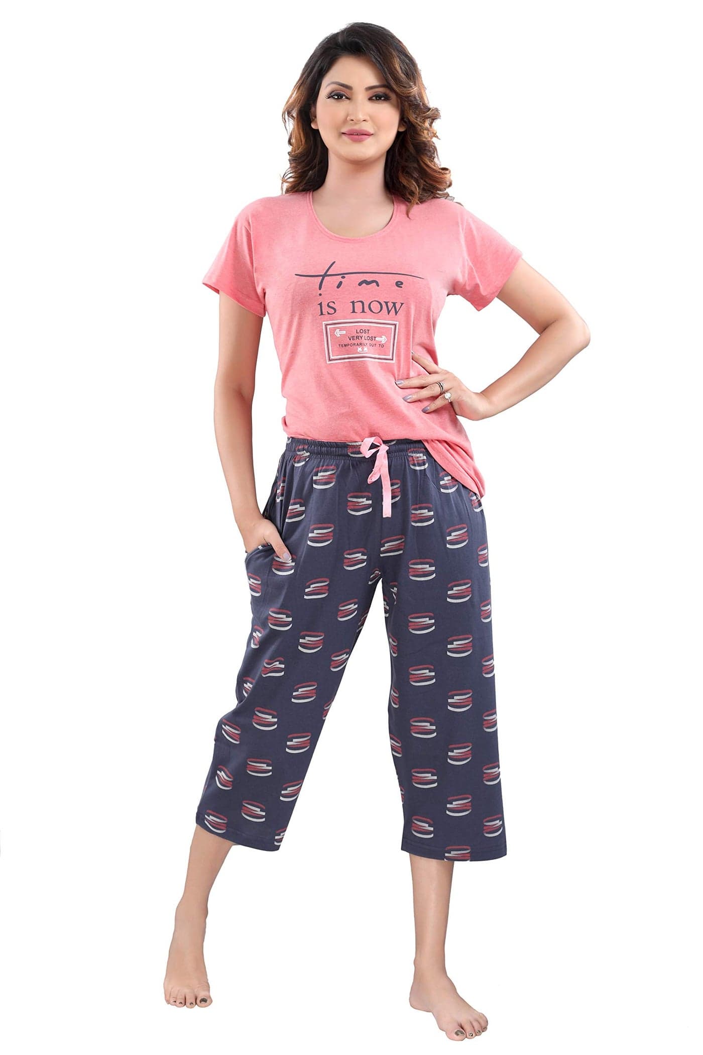 DZZO New Women's Cotton Graphic Print Night Suit Pajama Set (Dz-1003-Pe_Pink_X_Large)